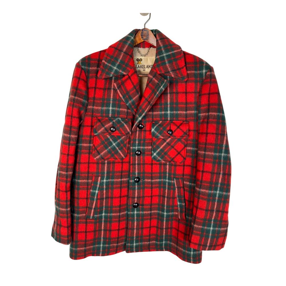 Huckberry Vintage L Wool Plaid Barn Coat $450 Shearling Chore Jacket Red 42